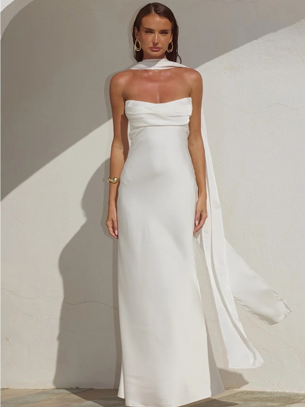 Runway The Label Madeline White Strapless Column Gown with Neck Sash